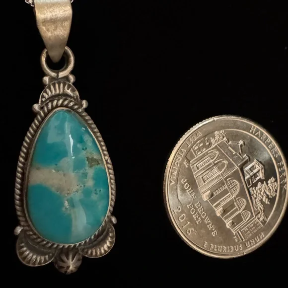 Sterling Silver Teardrop Native American kingman Turquoise Pendant Necklace - Picture 4 of 5